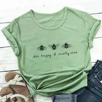 Bičių Laimingas Ir Cruelty Free Bitės Atspausdinti Medvilnės moteriški Marškinėliai Vasaros Juokinga Atsitiktinis O-Kaklo trumpomis Rankovėmis Viršų Būti Laimingas Tees