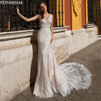 Boho Nėrinių Vestuvių Suknelės 2019 Mermaid/Trimitas V Kaklo Nuotakos Suknelės Pagal Užsakymą Pagaminti Ilgai Traukinio Vestuvių Suknelės