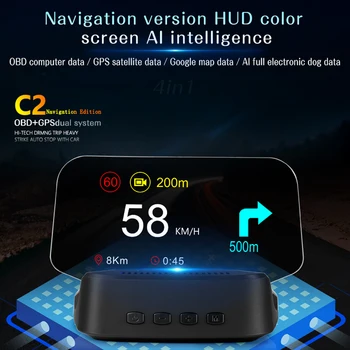 C2 Didelis Ekranas Head-up Display GPS HUD OBD2 Gabaritai HUD Ekranas Su Navigacija Įtampos Signalo greičio viršijimo Signalizacija Tinka Visiems Automobilių