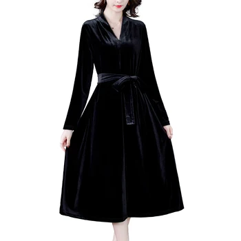 Chikichi 2020 m. Žiemos Juodosios V Apykaklės Aksomo Suknelė High-end Elegantiškas Prarasti ilgomis Rankovėmis Suknelė M-4XL
