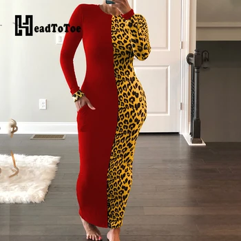Colorblock Leopard Print Pocket Šalies Seksuali Suknelė Moteris Ilgomis Rankovėmis, O Ant Kaklo Liesas Kulkšnies Ilgis Slim Ilga Suknelė