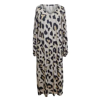 Derliaus Vasaros Suknelė Moterims Leopardas Spausdinti Paplūdimio Vestidos Žibintų Rankovėmis V-Kaklo, Atsitiktinis Palaidų Šalies Streetwear Sundress Suknelės