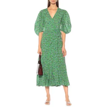 Derliaus Žalios spalvos Gėlių Spausdinti Wrap Dress 2020 Metų Vasaros Prašmatnus V Kaklo Sluoksniuotos Rankovėmis-line Ilga Suknelė Elegantiškas Marškinėliai Suknelė Vestidos