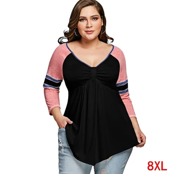 Didelio dydžio moteriški spalvų marškinėliai plius dydis didelis 5XL 6XL 7XL 8XL krūtinė 130 pavasarį ir rudenį V-kaklo, ilgomis rankovėmis prarasti viršų