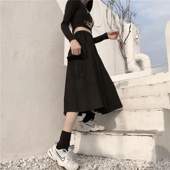 Didelis Kišenėje Aukštos Juosmens Midi Krovinių Sijonas Harajuku Streetwear korėjos Juoda balta Sijonai Moterims Punk Atsitiktinis Palaidų Gotikos Hip-Hop saia