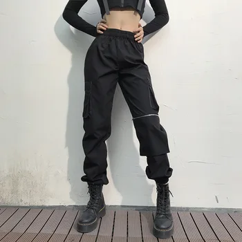 Didelis Kišenės Krovinių Kelnės Moterims Aukšto Juosmens Streetwear Kelnės Juoda Elastinga Juosmens Kelnės Hip-Hop Poilsiu Kelnes Vienašališkai Užtrauktukas