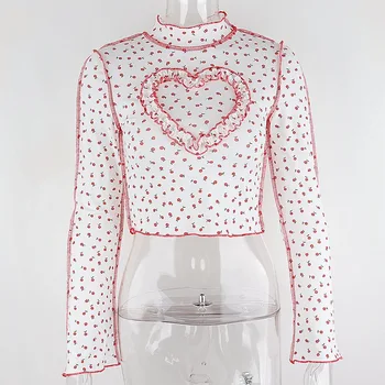 E-Girl Estetika Gėlių Siuvinėjimas Širdies Apkarpyti Viršūnes Y2K Mados Ruffles Long Sleeve T-Shirts Saldus Derliaus Komplektai Slim