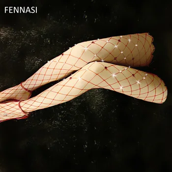 FENNASI Sexy Kojinės, Pėdkelnės Moterims, Blizgučiai Kristalų žvejybos tinklas Pėdkelnės Su Cirkonio Nugaros Siūlę Red Diamond Kojinėms Moteris