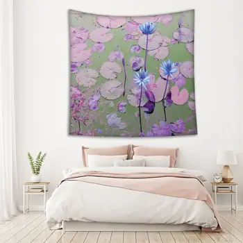 Gobelenas Lotoso Gėlės Waterlilies Tvenkinys Rytų Egzotiška Gamta Vandens Augalams, Dekoratyvinių Nuotrauka Atspausdinta Violetinė Žalia Mėlyna