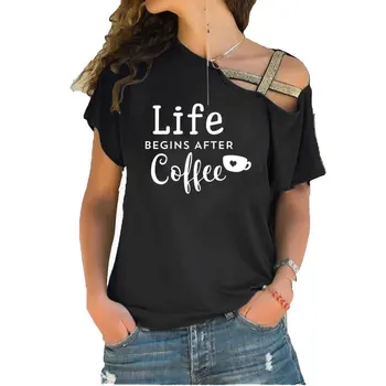 Gyvenimas Prasideda Nuo Kavos Moterų marškinėlius Medvilnės Atsitiktinis Juokingi marškinėliai Vasarą Moterys Nereguliarus Nerijos Kryžiaus Tvarstis Tee Viršūnės