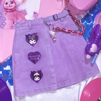 Harajuku cool myliu animaciją sagtis violetinė aukšto juosmens a-žodis, plisuotos džinsinio audinio sijonas, sijonai