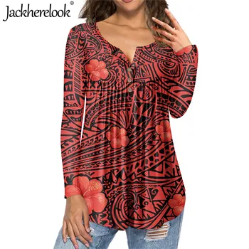 Jackherelook Moterų Drabužiai Marškinėliai ilgomis Rankovėmis Viršuje Paauglių Mergaičių Vintage Red Polynesain Tatuiruotės Gėlių Spausdinti Palaidinė Plius Dydis