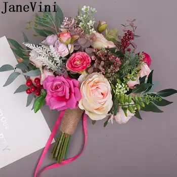 JaneVini 2019 Rausvos Gėlės, Dirbtinės Nuotakos Puokštės Vintage Rose Raudona Lapų Vestuvių Sagė Nuotakos Rankos Turėtojas Bouquet De Mariage