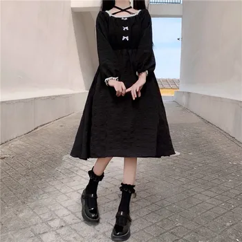 Japonijos Rudenį Kolegijos Stilius Naujų Moteris Kontrastas Suknelė Saldus Aikštėje Apykaklės Lankas Pasiūlymo Visiškai Rankovėmis Suknelė Prarasti Juodos Suknelės