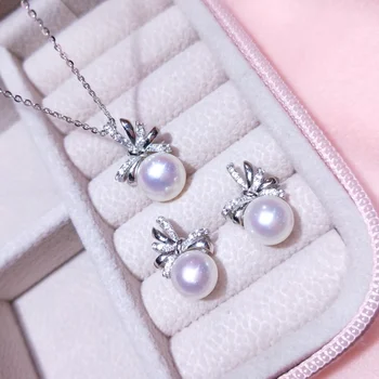 Japonų stiliaus bowknot kostiumas natūralių gėlavandenių perlų auskarai pakabukas sterlingas sidabro karoliai
