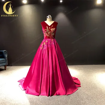 JIALINZEYI Realus Vaizdas Rose Red Velevt su Aukso Karoliukai Satin A-line Oficialią Suknelės vakarinės suknelės 2019