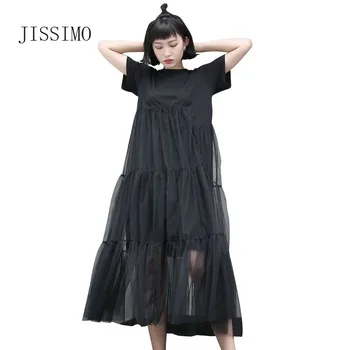 JISSIMO Moteris Suknelė Tamsiai 2020 Harajuku Naujas Asimetrinis Sujungimas Akių Netikrą Dviejų dalių Suknelė trumpomis Rankovėmis Suknelės Moterims