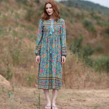 JuneLove 2018 M. Rudenį Bohemijos Ilga Suknelė Moterims Atsitiktinis Palaidų Shift Suknelė Moterų Plisuotos Nėrinių Vestidos Gėlių Spausdinti Suknelė