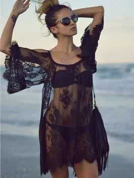 Juodas Bikini danga-ups, Nėriniai Viskozė Tuščiaviduriai Paplūdimio Suknelė Siuvinėjimo kaftan paplūdimio tunikas maudymosi kostiumėlį padengti iki sarongas pareo para skraiste