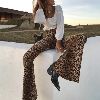 Karšta Moterų Flare Kelnės Sexy Leopardas Spausdinti Bell Bottom Ruožas Aukšto Liemens Kelnės Ilgos Kelnės Pavasario Vasaros Moterų Kelnės