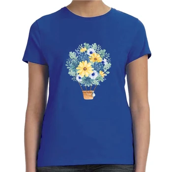 Karšto Oro Balionas, kurį Sudaro Žydros Lapai Ir Geltonos Gėlės Grafinis Naujas Moterys T-shirt 