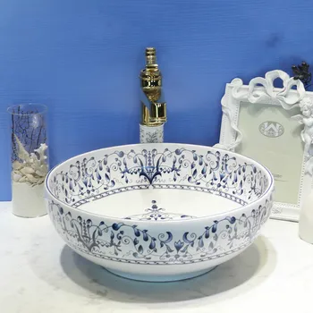 Keramikos Lavabo, Suapvalinti Stalviršio, Vonios Kriaukle Praustuvas mėlynos ir baltos keraminės kriauklės vonios kriaukle