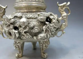 Kinija sidabro rankų darbas gražus, išraižytas censer devynių drakonų smilkalų degiklis Statula