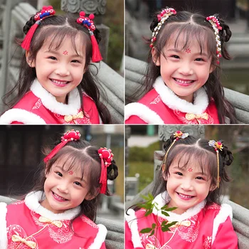 Kinijos Retro Stiliaus Hanfu Vaikų Staigius Naujųjų Metų Mergaitė Princesė Red Pearl Kutas Pakabukas Plaukų Clips Puikus Kamuolys Barrettes