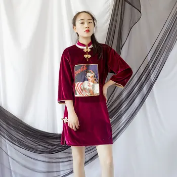 Kinų Stiliaus Mygtuką Derliaus Intarpas Aksomo Mini Suknelė Moterims Prarasti Mados Ritininės Pagerėjo Cheongsam Suknelės Raudona/Mėlyna Violetinė Vestido