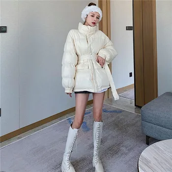 Korėjiečių Stiliaus Prarasti Vidutinio Ilgio Moterų Medvilnės Drabužius 2020 Šiltas Žieminis Paltas Su Diržu Didelis Kišenės Vientisos Spalvos Moteriška Paltai