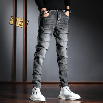 Korėjos Stiliaus Mados, Vyrų Džinsai Retro Elastinga Slim Fit Atsitiktinis Džinsinio Audinio Kelnės Streetwear Derliaus Dizaineris Medvilnės Pieštuku Kelnės