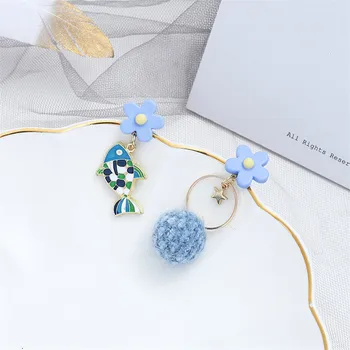 Korėjos Vertus-Paprastas Retro Blue Collection Auskarai prancūzijos Saldus Širdies Formos Gėlių Dangler Metalo Asimetrija Lašas Auskarai