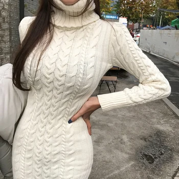 Korėjos Žiemos Moterims Megztiniai (Pieštuku Suknelė 2019 M. Rudenį Rausvos spalvos, ilgomis Rankovėmis Golfo Kelio ilgis Atsitiktinis Balta Elbise Office Suknelės