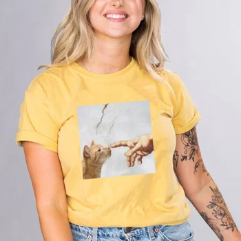 Kuakuayu HJN Moteris Katė Mikelandželas Dievų Touch Juokinga T-Shirt Tumblr Retro Stiliaus Mielas Grafinis Tee Meme Marškinėliai Kačių Mėgėjams