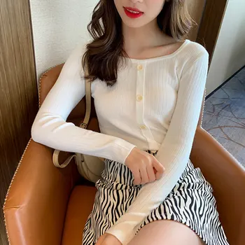 Lady Mezgimo Pasėlių Megztiniai Korėjos Stiliaus Moteris Seksuali Megztiniai Mielas Derliaus Rudenį 2020 Juoda Balta Apkarpytos Džemperis Moterims