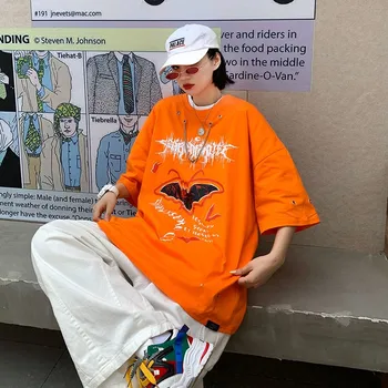 Laisvas trumparankoviai marškinėliai Vasaros ins korėjos oranžinės spalvos lazda spausdinimo moterų hip-hop ' o pusė rankovėmis viršūnes vyrų ir moterų mėgėjams