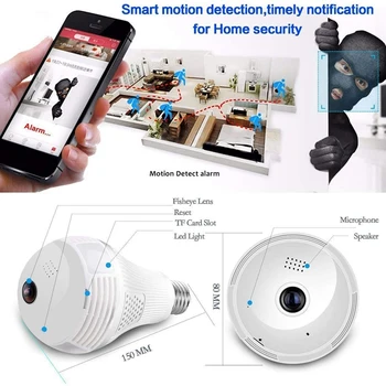 LED Šviesos 1080P Wifi Fotoaparato 360 °Panoraminis Home Security, Smart WiFi CCTV Fisheye Lemputės Night Vision Dviejų krypčių o(32G)