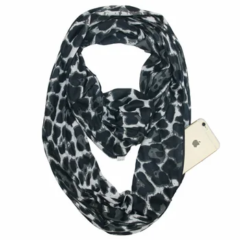 Leopardas spausdinti megzti vieną jersey infinity šalikas su zip kišenėje moterų medvilnės snood ratas skara ant kaklo šilčiau gaubtas apykaklės