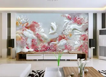 [Lipnios] 3D Jade Raižyti Pink Lotus Žuvų Tvenkinys 32 tapetų Sienos freskos Spausdinti Decal Sienų Freskomis