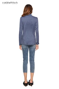 Lugentolo Moterų Elegantiškas marškinėliai Rudens Skara Apykaklės Kietas ilgomis Rankovėmis Viršūnes Naujas Slim Atsitiktinis Lady Mados marškinėliai