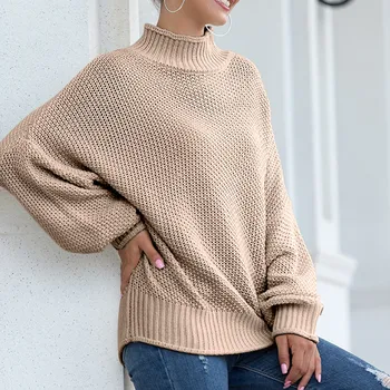 Madingas ir seksualus megztiniai megztinis Golfo megztinis ilgomis rankovėmis megztinis Gryna spalva atsitiktinis rudens ir žiemos moterų megztinis