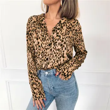 Mados Moterų OLIS V Kaklo Leopard Elegantiškas Marškinėliai ilgomis Rankovėmis Prarasti Dames Viršuje Šalies Palaidinė Streetwear chemise femme Plius Dydis
