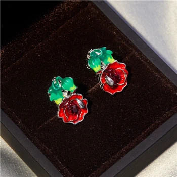Mados populiarus romantiškas išskirtinį žavinga raudona gėlė, žalios lapinės auskarai moteriškas temperamentas elegantiškas žavesio papuošalai dovana