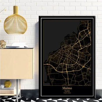 Malmė, Švedija Black&Gold Miesto Šviesos Žemėlapiai Užsakymą Pasaulio Miesto Žemėlapį, Plakatai, Drobė Spausdina Šiaurės Stiliaus Sienos Menas Namų Dekoro