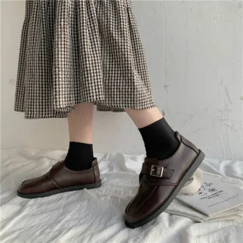 Mažas odos batai moterų rudenį naujas Japonų minkštas sesuo korėjos apvalios galvos padidėjo retro nėriniai-up batai
