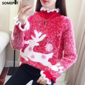 Mergaičių Megztiniai Linksmų Kalėdų Džemperis Raudona Moterų Megztinis Megztinis megztas Pliušinis apykaklės Moheros Rožinė Briedžių Modelis Aksomo Mados