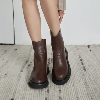 MLJUESE 2021 moterų batai Karvės odos Žiemos trumpas pliušinis užtrauktukų rudos spalvos, Suapvalinti tne aukštakulnius moteris jojimo batai