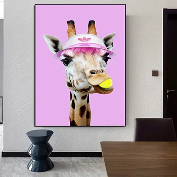 Modernus Nordic Stiliaus Plakatų ir grafikos Abstrakčiai Gyvūnų Plakatas Žirafa Su Skrybėlę, Drobė, Tapyba Namų Puošybai Meno Sienos Nuotrauka