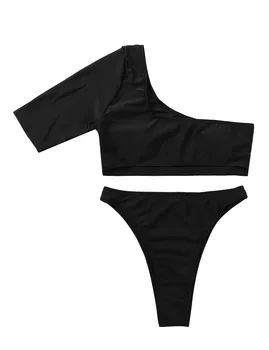 Moteriški naktiniai drabužiai vientisos Spalvos Bikini maudymosi Kostiumėliai, Maudymosi Kostiumai Vienos Pečių Iškirpti Kamšalu Pasėlių Viršuje su Aukšto Liemens Kelnės Apačioje