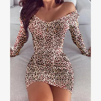 Moterys Rudens Ir Žiemos Mados Leopardas Spausdinti Megztinis Mini Suknelė Moterų Elegantiškas, Seksualus, Sėdmenų Įvyniojimas Mezgimo Atsitiktinis Suknelė